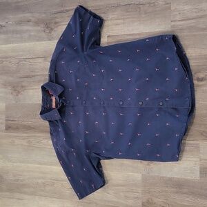 Havanera Mens Button Front Shirt - Navy Pink Flamingo, Size M